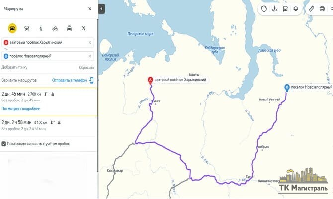 Маршрут перевозки негабаритных грузов по зимникам
